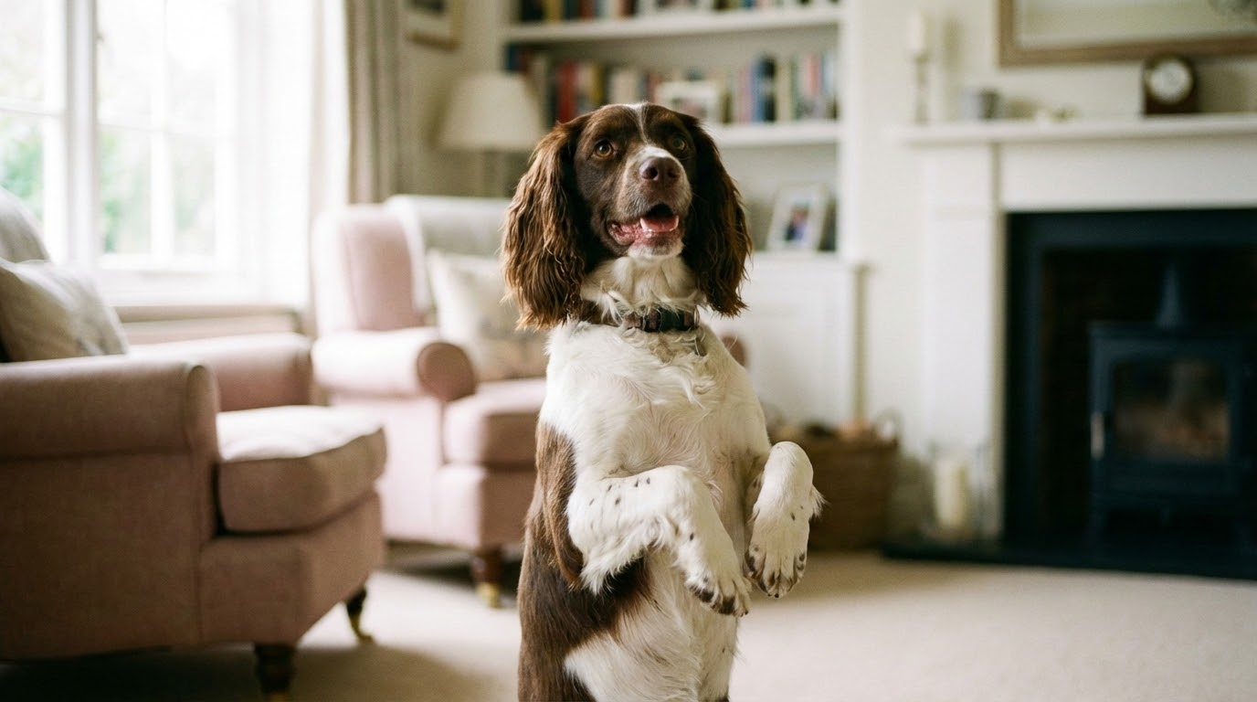 Chien assis faisant le beau avec équilibre et calme, fond neutre et lumineux