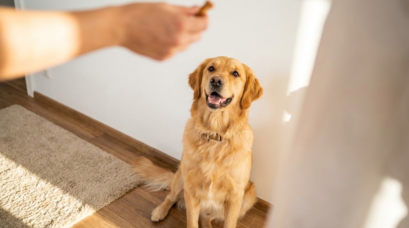 Chien assis dos au mur prêt pour l'exercice