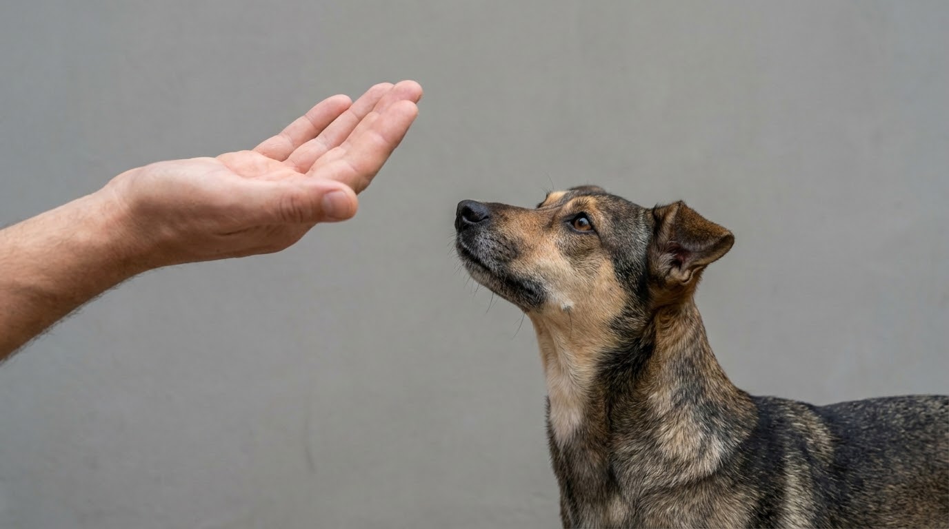 Main ouverte sans friandise guidant le chien