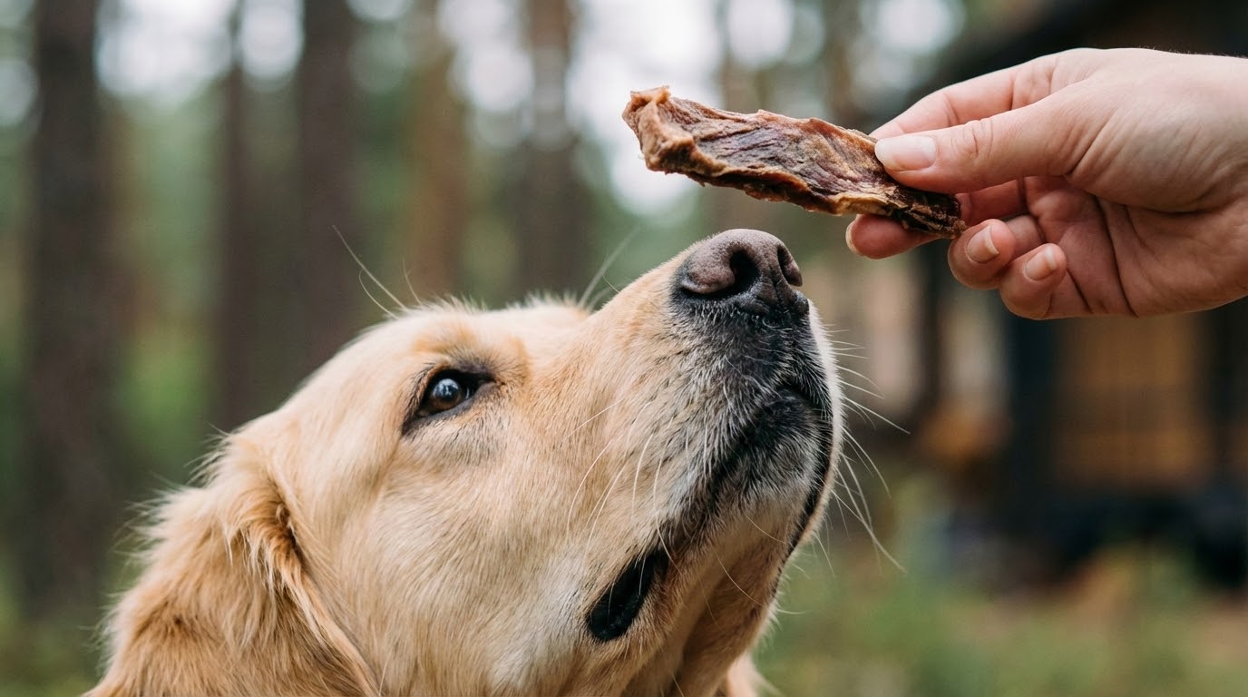 Main tenant une friandise au-dessus du nez d'un chien