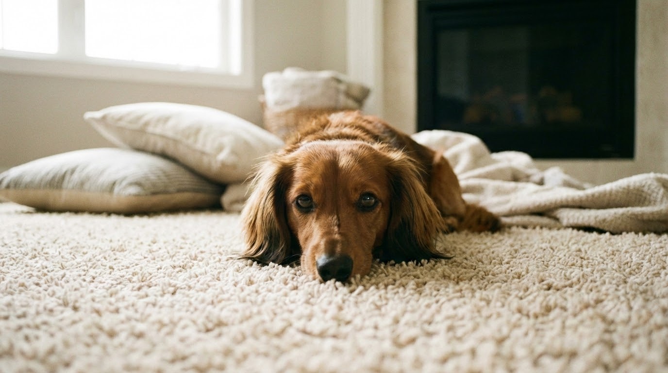 Teckel au repos sur un tapis confortable, ambiance sereine