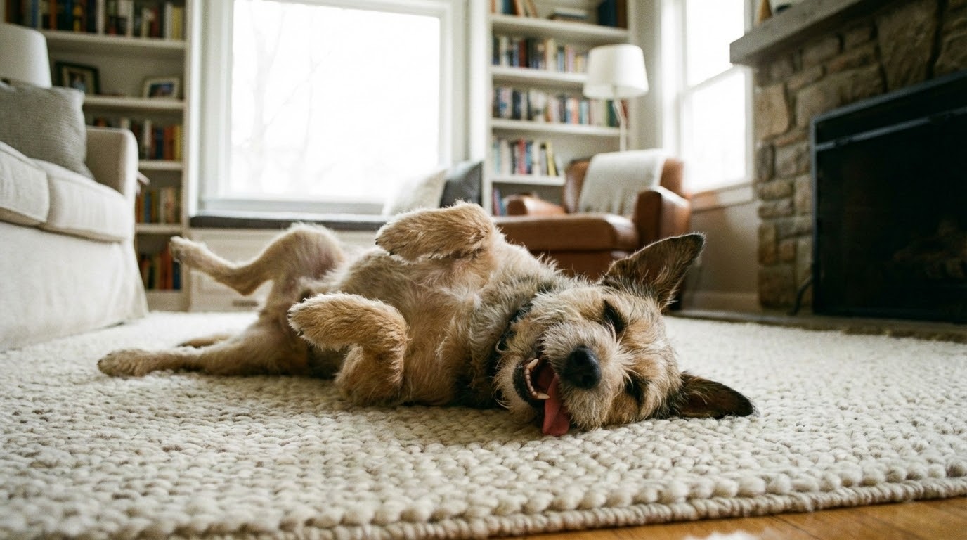 Chien heureux couché sur le dos faisant le mort dans un salon lumineux