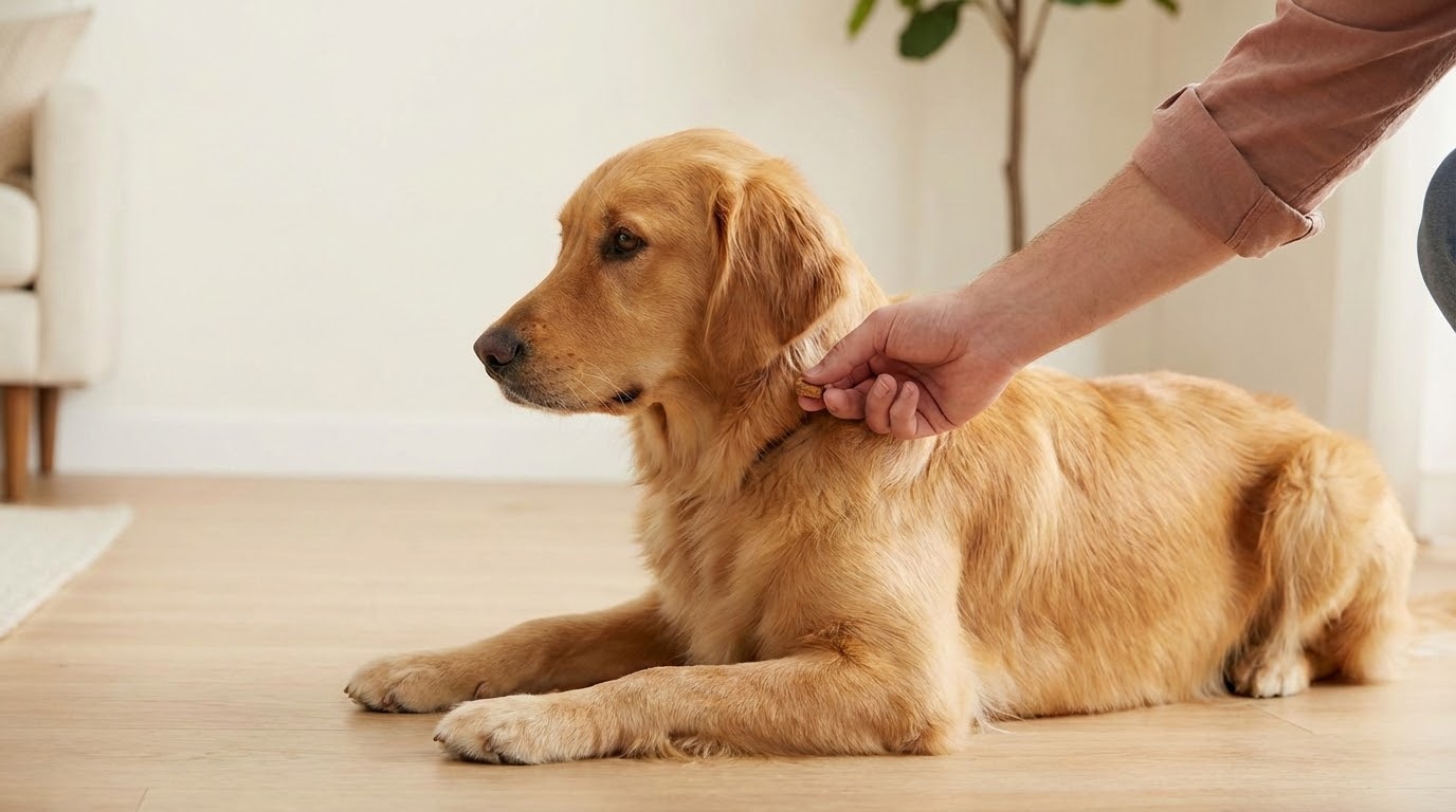 Chien couché suivant une friandise vers son épaule pour basculer sur le flanc