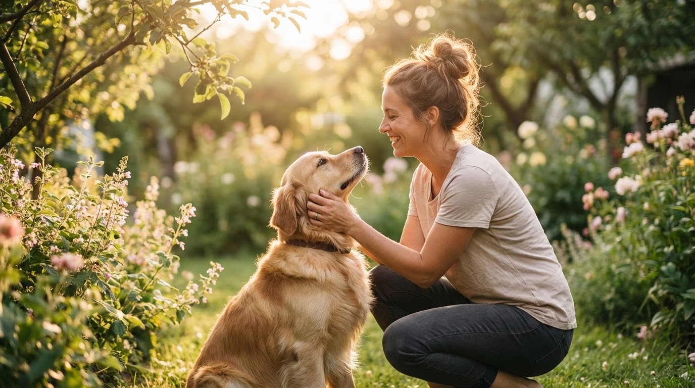 Propriétaire et chien complices dans un jardin après une séance d'éducation