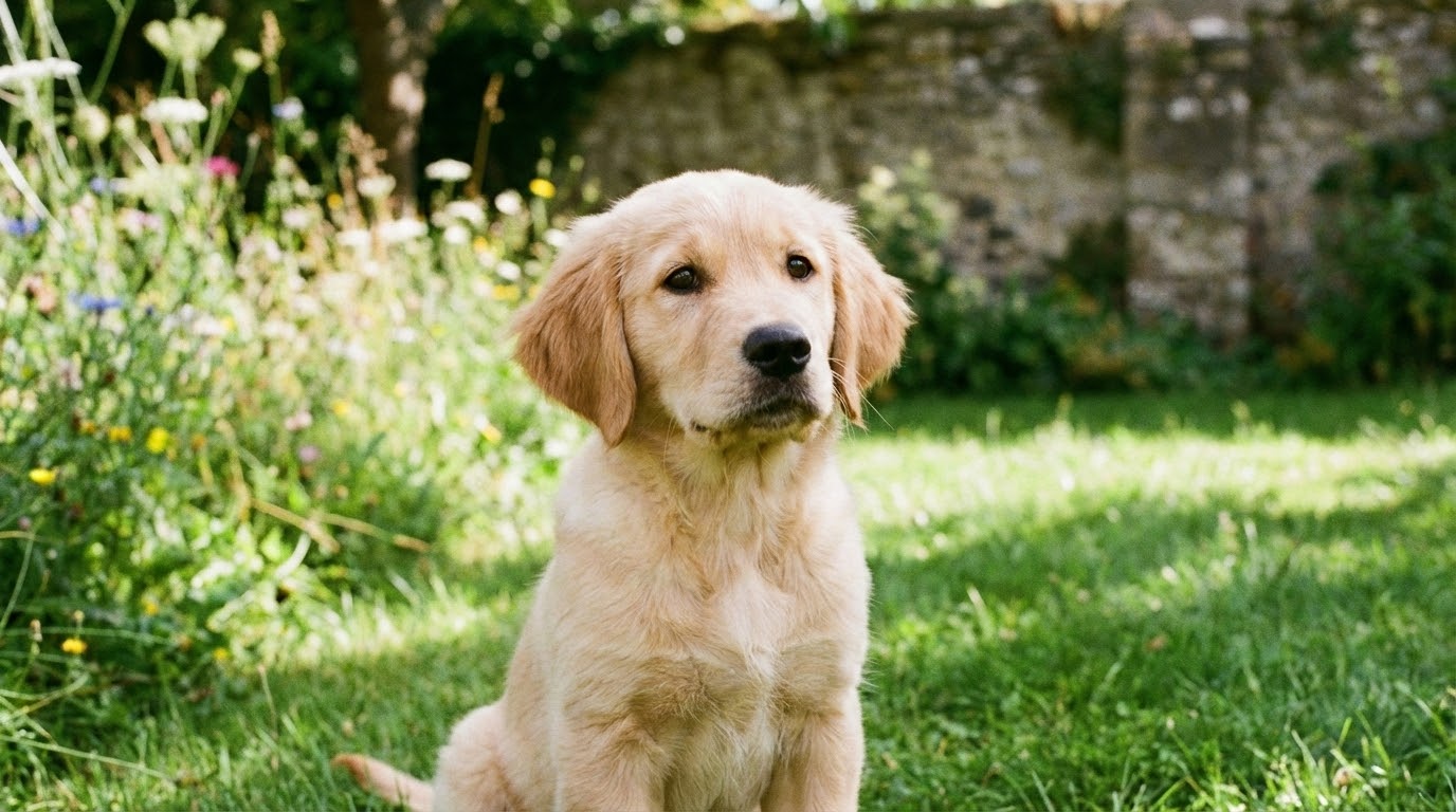 Chiot Golden Retriever assis dans l'herbe verte regardant la caméra, lumière naturelle douce.