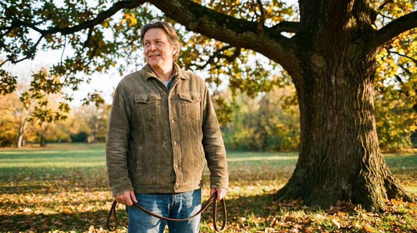 Propriétaire bienveillant attendant son chien dehors, laisse détendue.