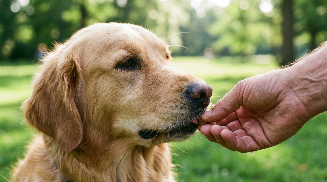 Main humaine floue tendant une friandise à un chien en extérieur, focus sur le museau du chien