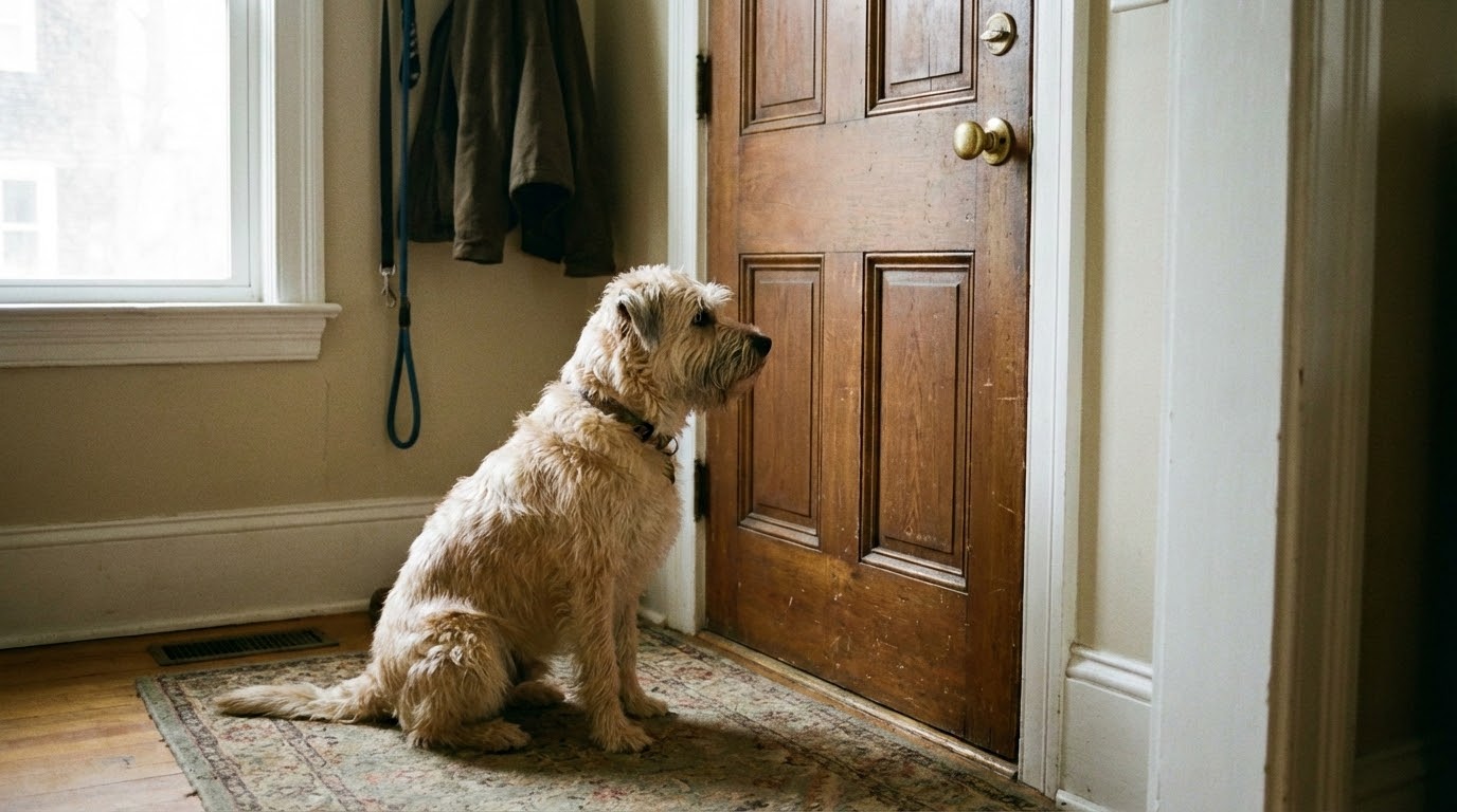 Chien adulte attendant calmement devant une porte fermée, vue de dos ou de profil