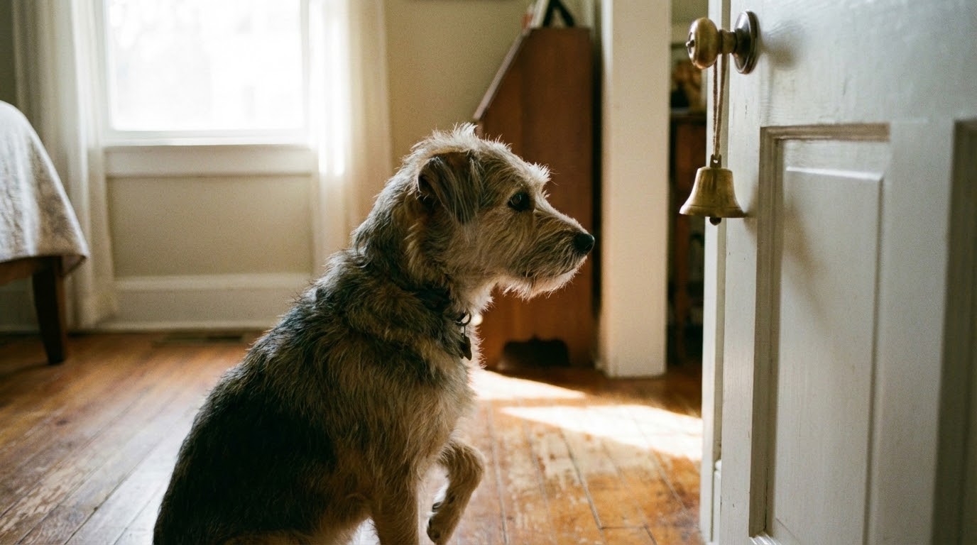 Chien assis regardant fixement une cloche suspendue à la poignée d'une porte, profil