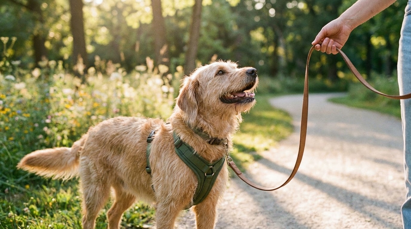 Chien heureux marchant en laisse détendue dans un parc aux côtés de son maître, focus sur le chien et le harnais confortable