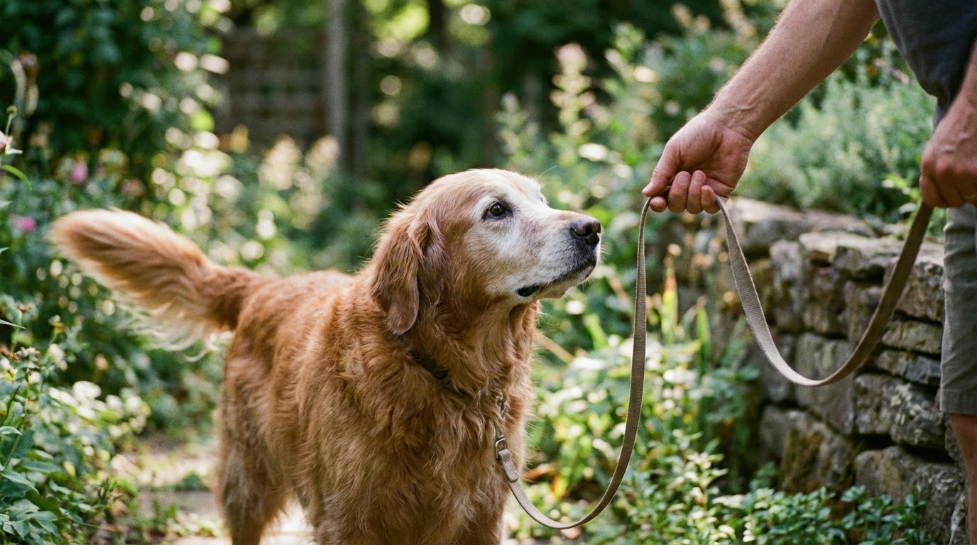 Chien adulte attentif regardant son maître dans un environnement calme