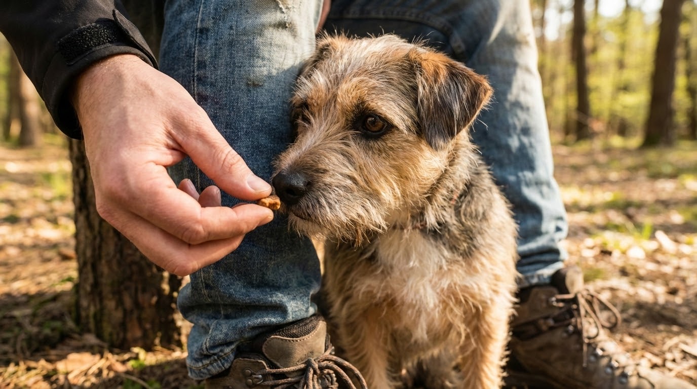 Main d'un maître donnant une friandise à un chien assis calmement à côté de sa jambe