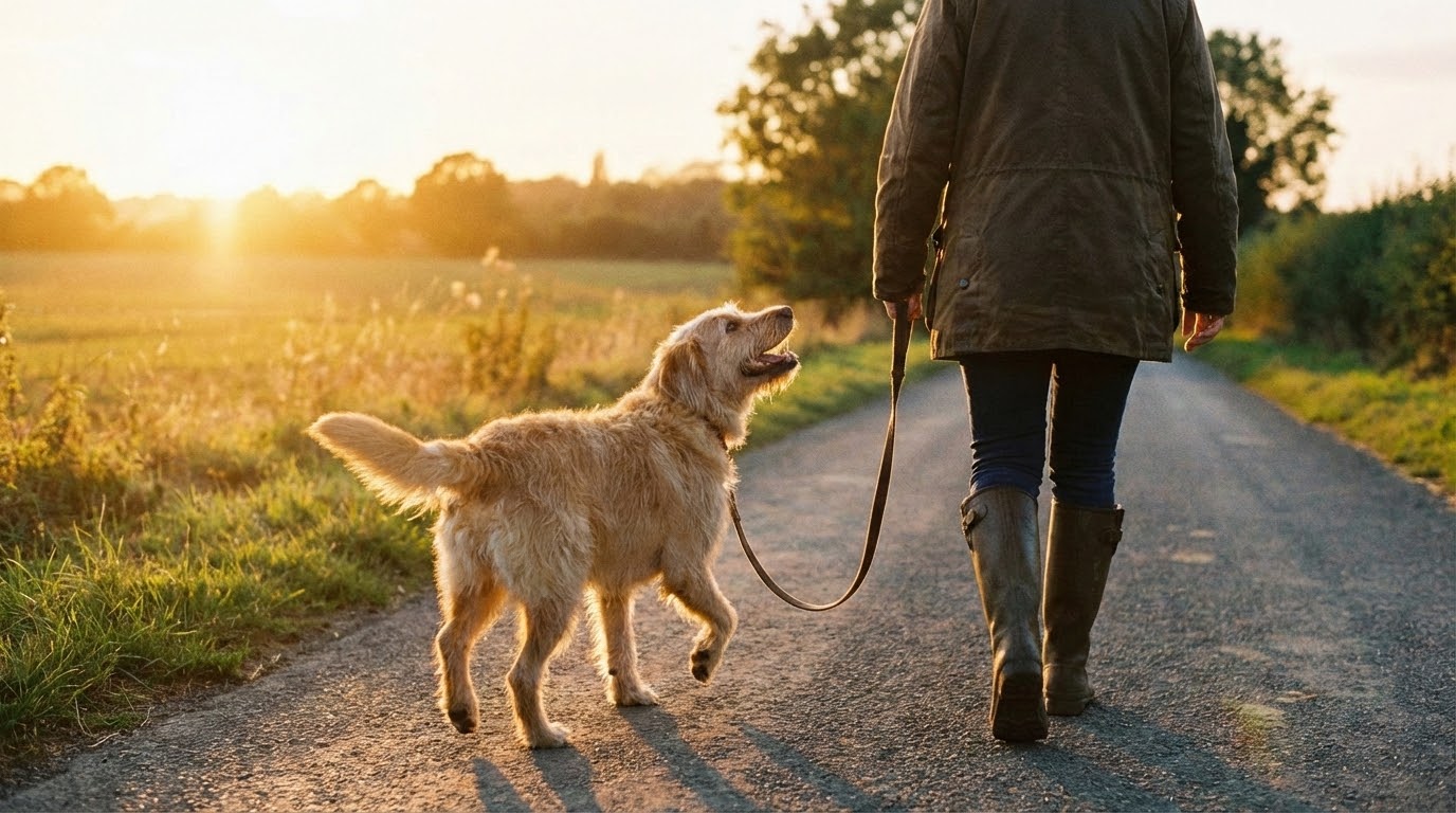 Chien marchant calmement en laisse détendue à côté de son maître, regard connecté, environnement parc urbain flou.
