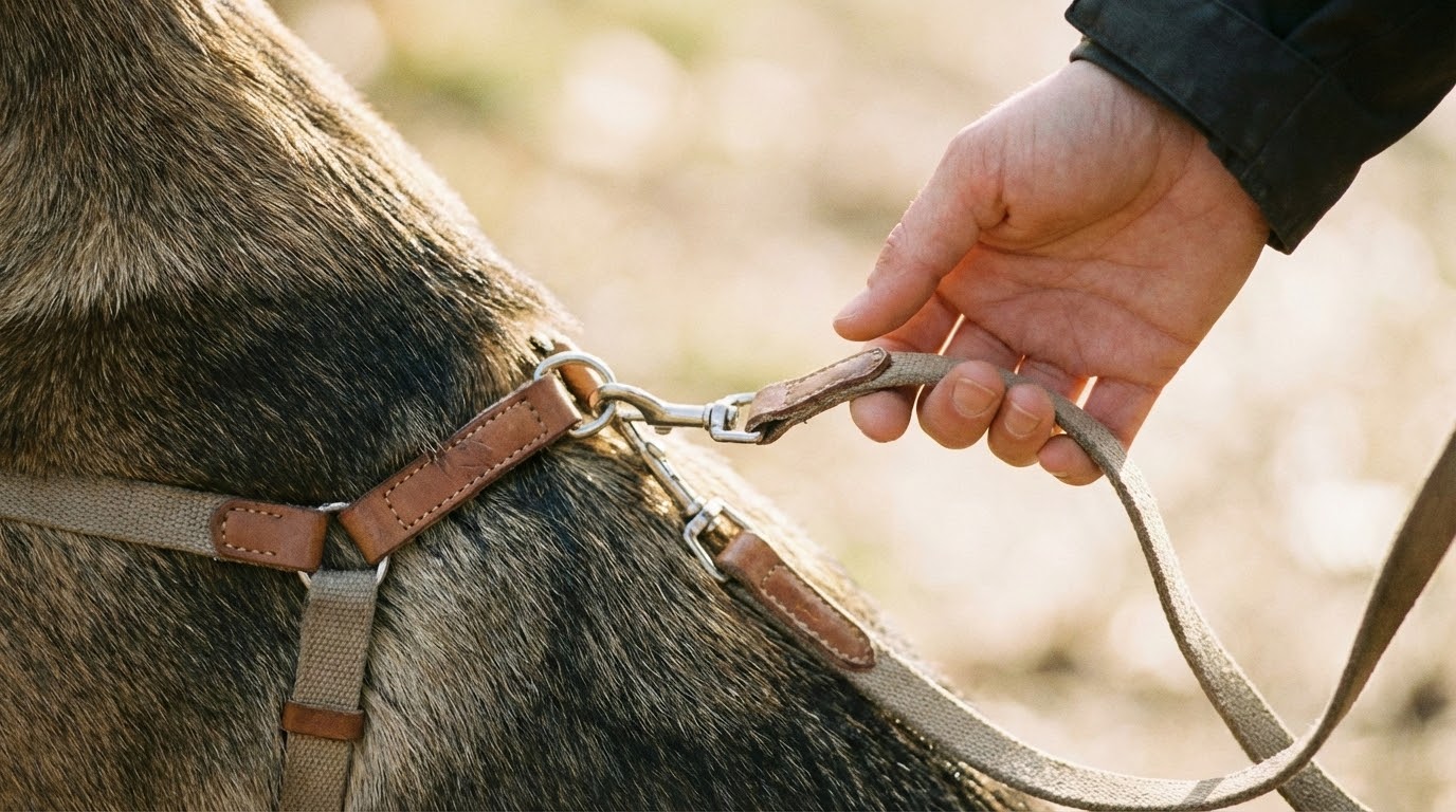 Mains douces tenant une laisse détendue attachée à un harnais confortable.