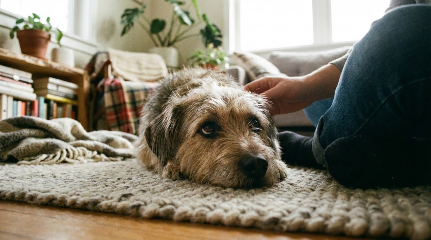 Chien détendu couché dans un salon confortable regardant son propriétaire avec confiance