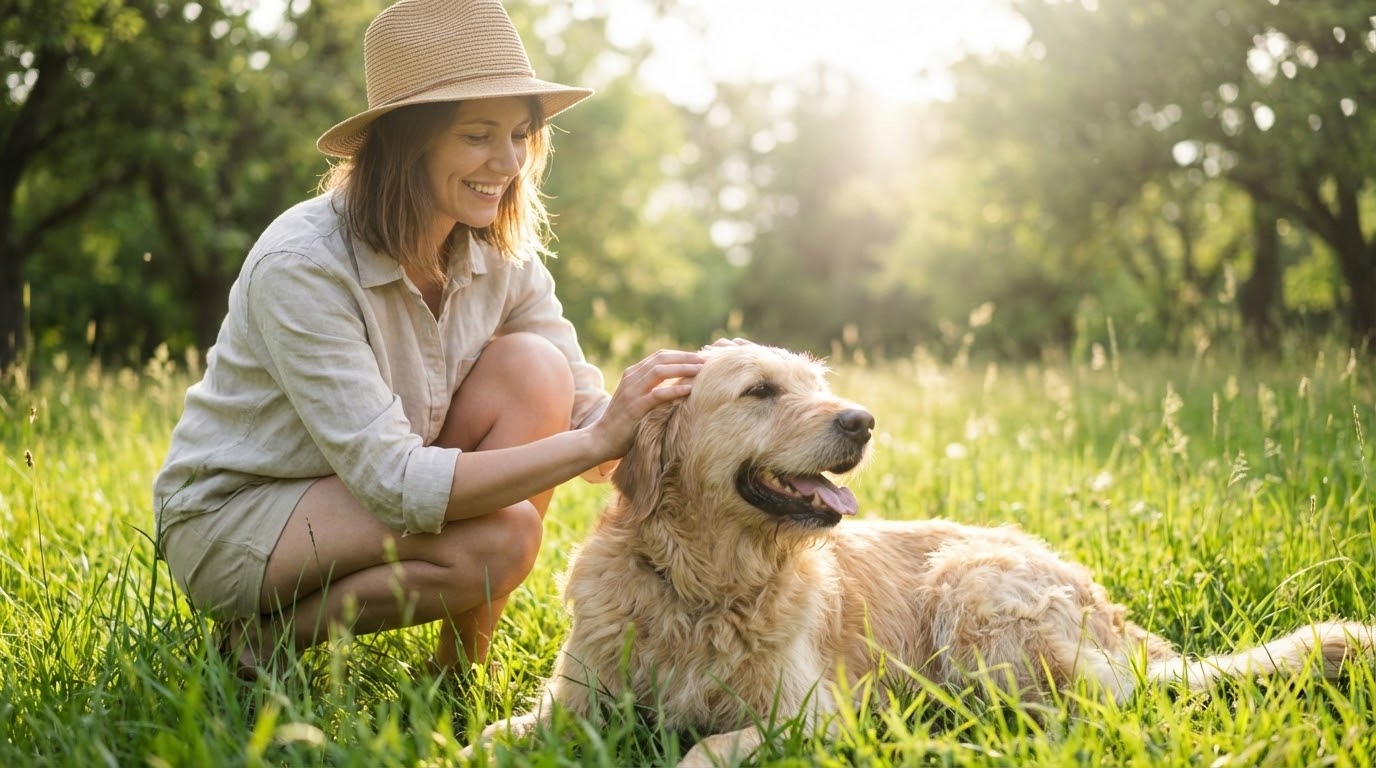 Propriétaire heureux caressant son chien couché dans l'herbe au soleil