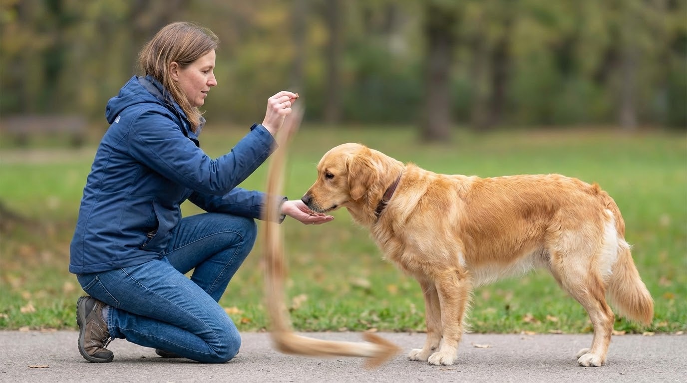 Schéma explicatif ou photo montrant le mouvement de la main en L pour le chien