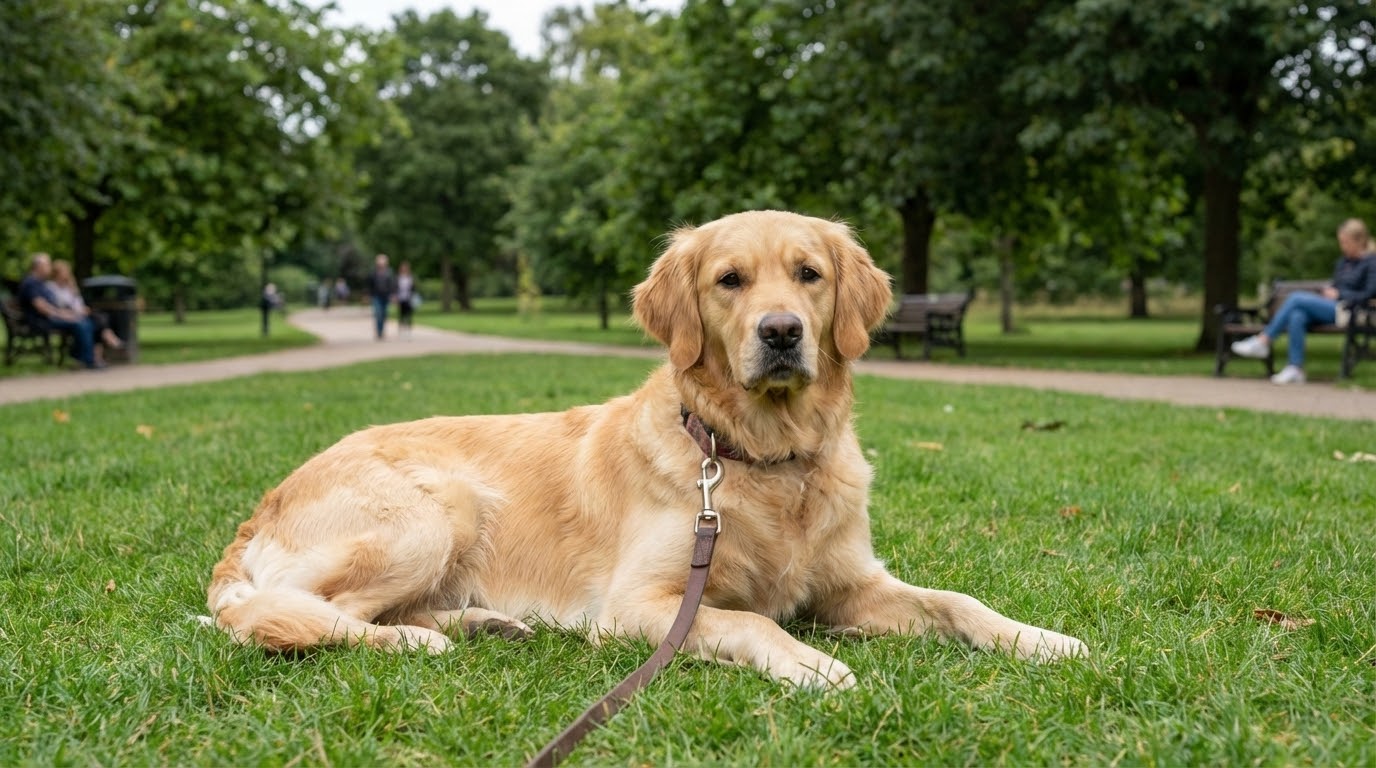 Chien couché sagement dans un parc public avec des passants flous en arrière-plan