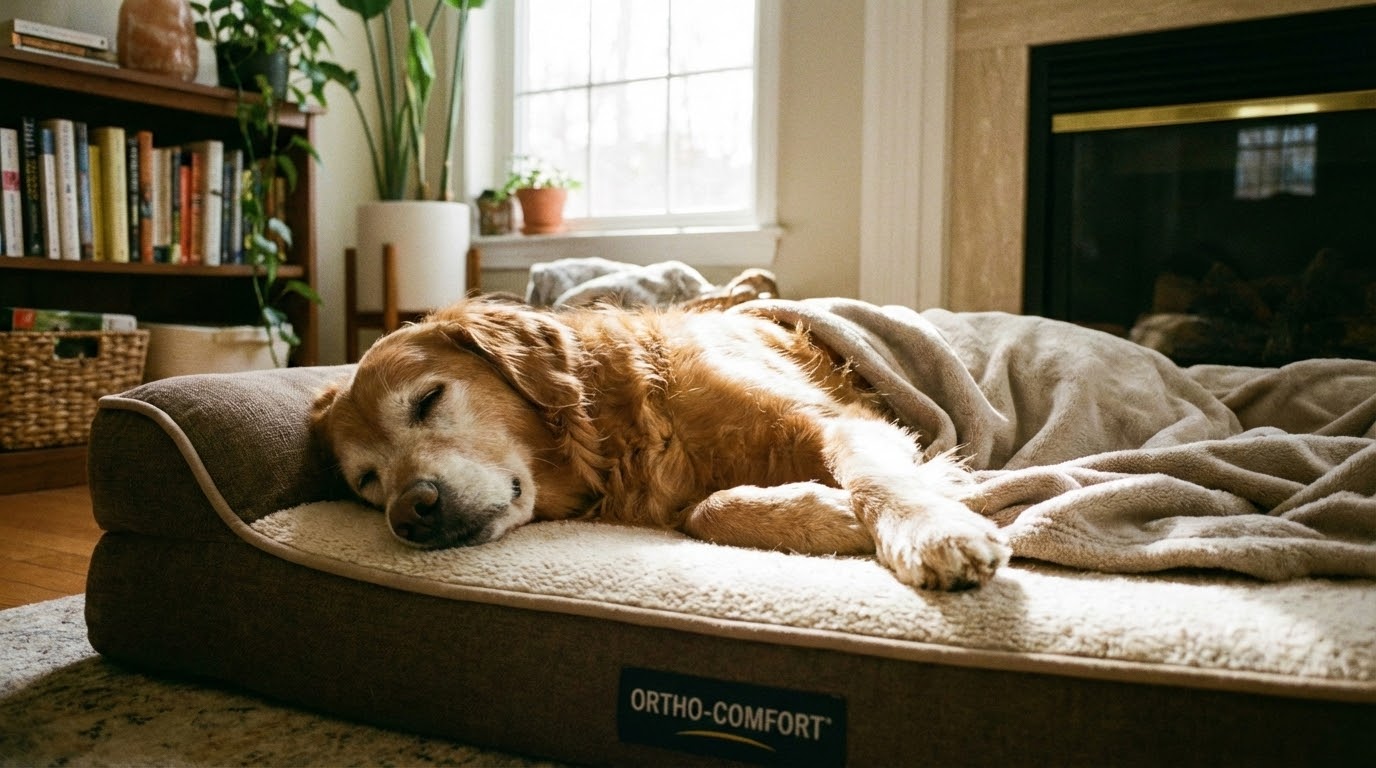 Vieux chien allongé confortablement sur un coussin orthopédique