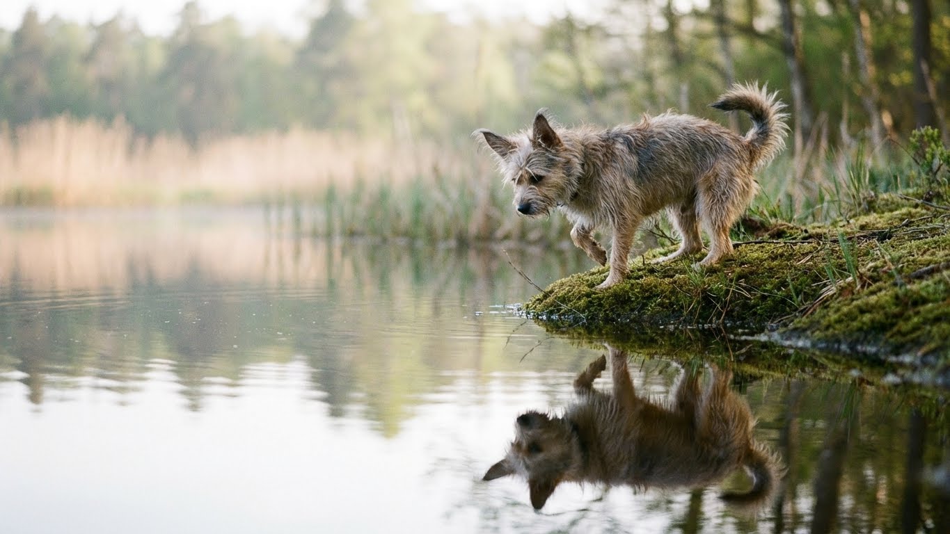Petit chien hésitant au bord de l'eau, regardant les reflets, ambiance calme