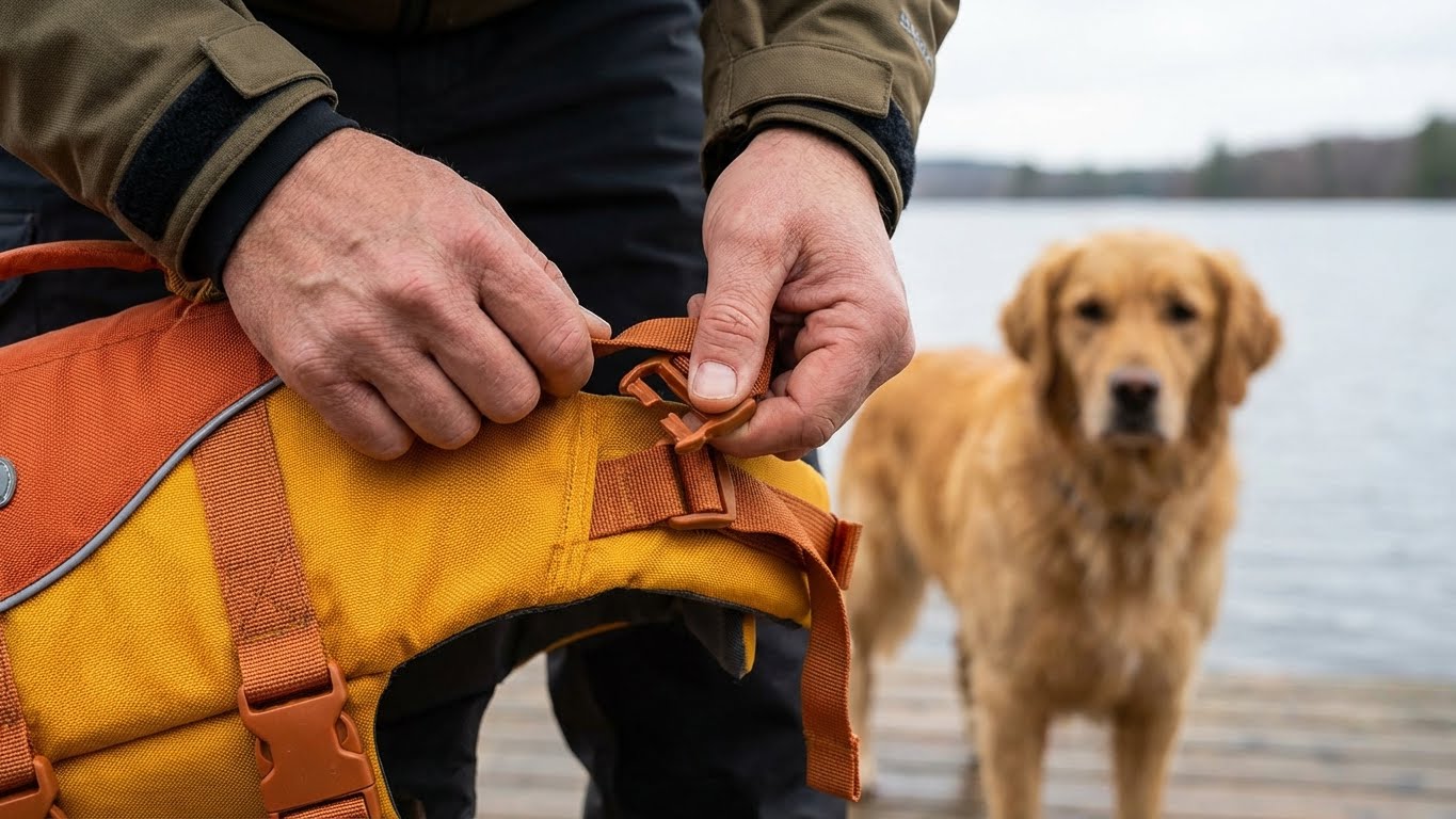 Mains humaines préparant un gilet de sauvetage pour chien, focus sur l'équipement
