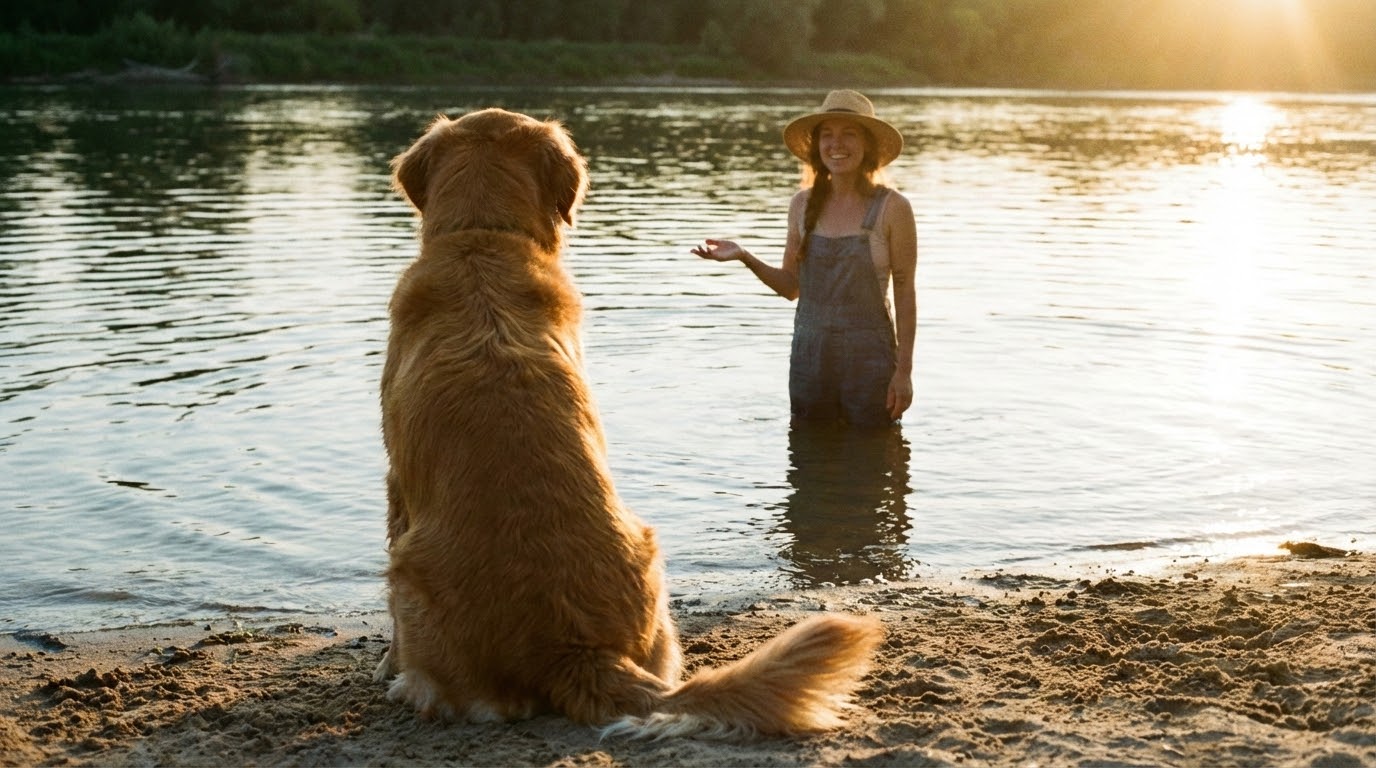 Vue de dos d'un chien regardant son maître dans l'eau qui l'appelle doucement