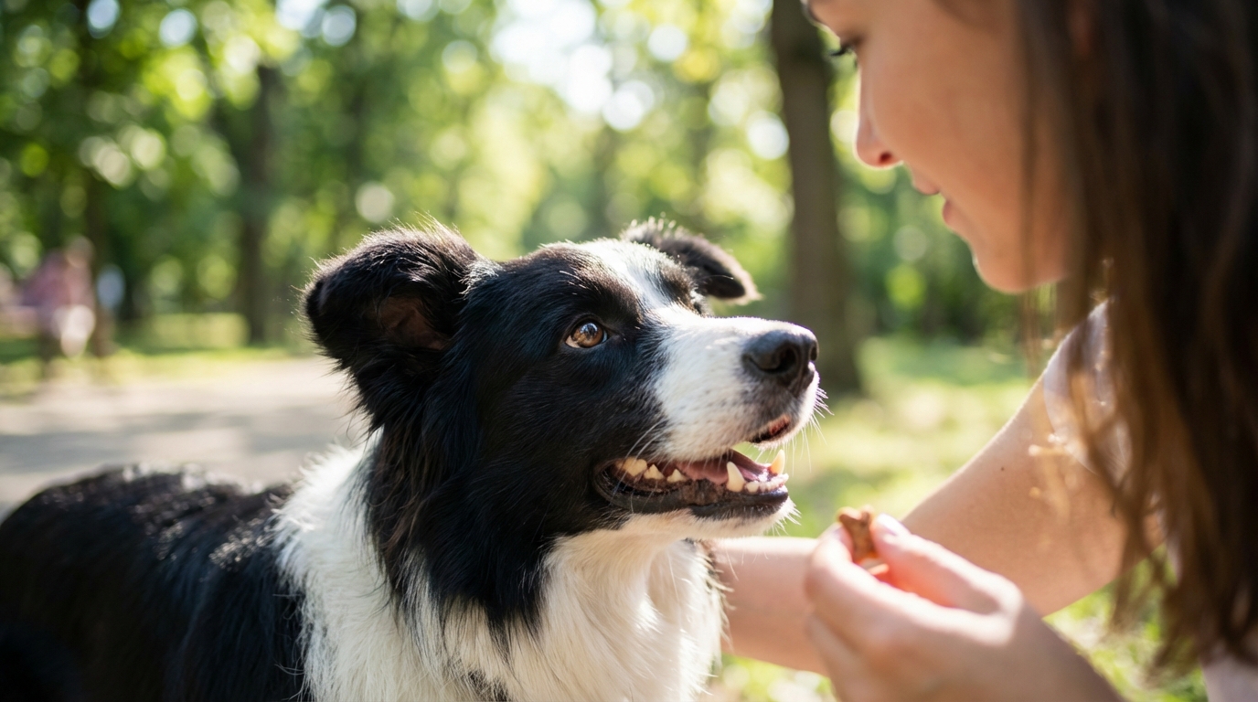 Un chien joyeux regarde son maître avec attention, en extérieur, lumière douce, complicité visible.