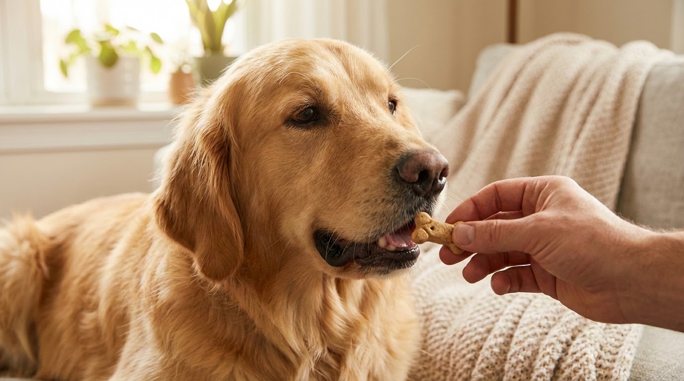 Main ouverte proposant une friandise à un chien calme, focus sur la récompense.