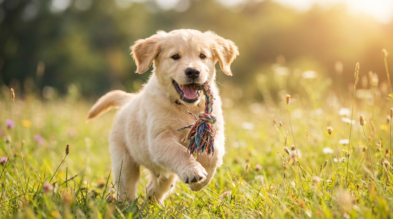 Chiot en train de jouer après une session d'apprentissage, heureux.