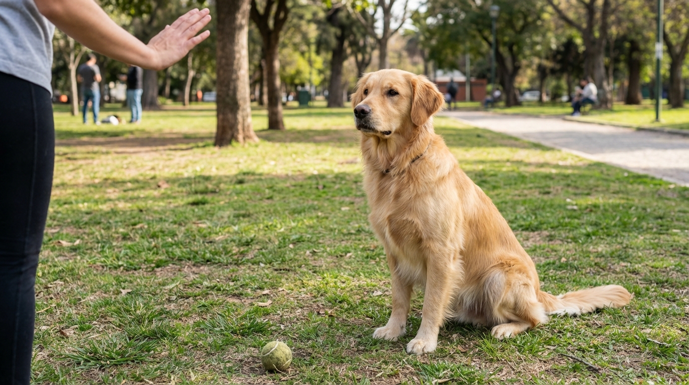 Chien qui regarde un objet au sol mais regarde son maître pour demander la permission.