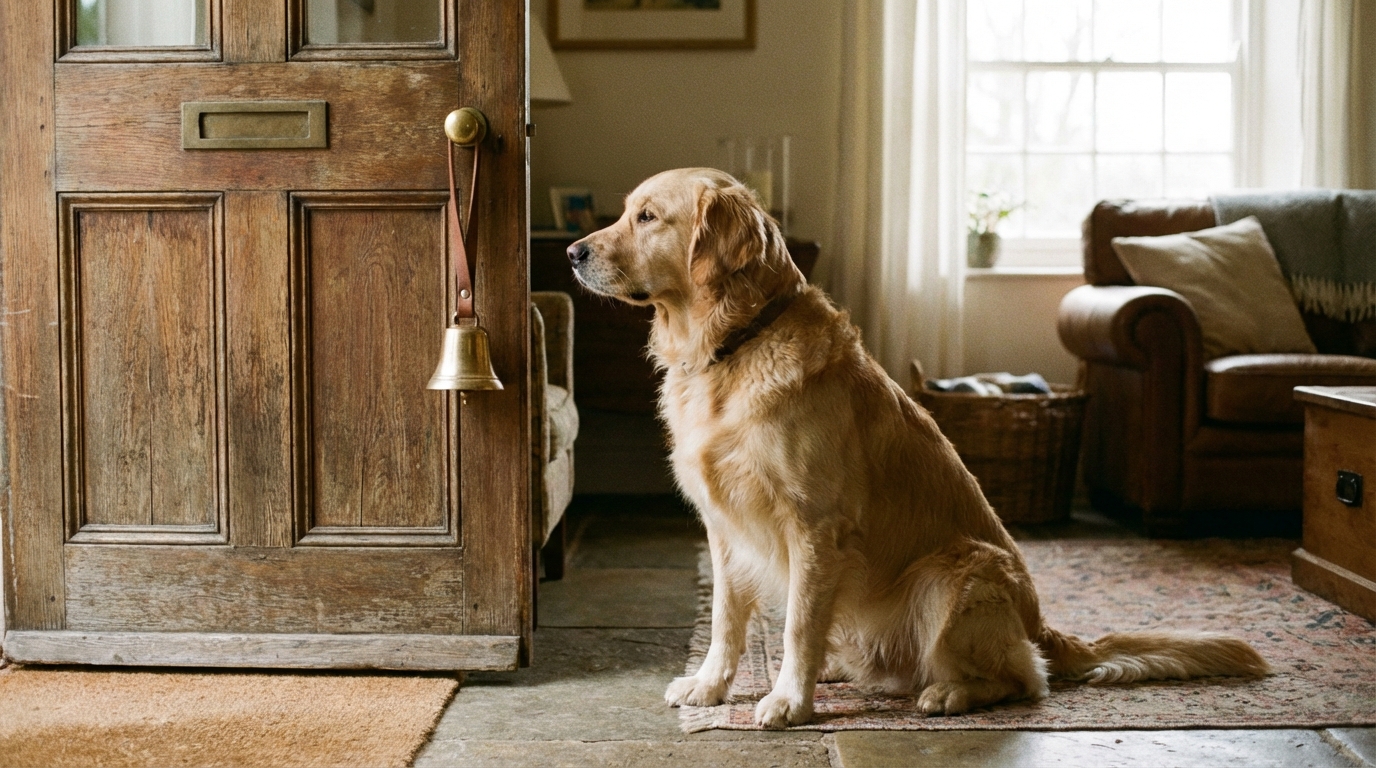 Chien assis devant une porte regardant une cloche suspendue à la poignée