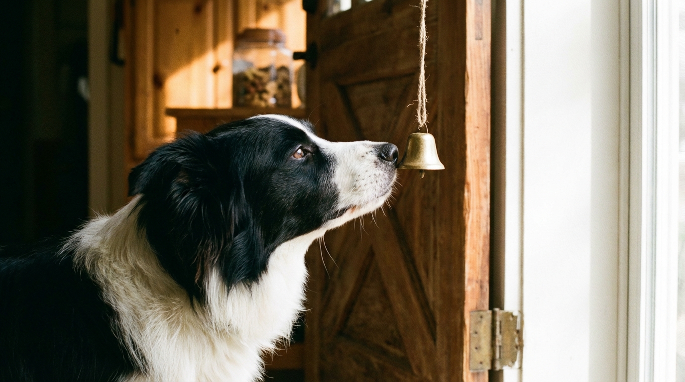 Chien touchant une clochette avec sa truffe