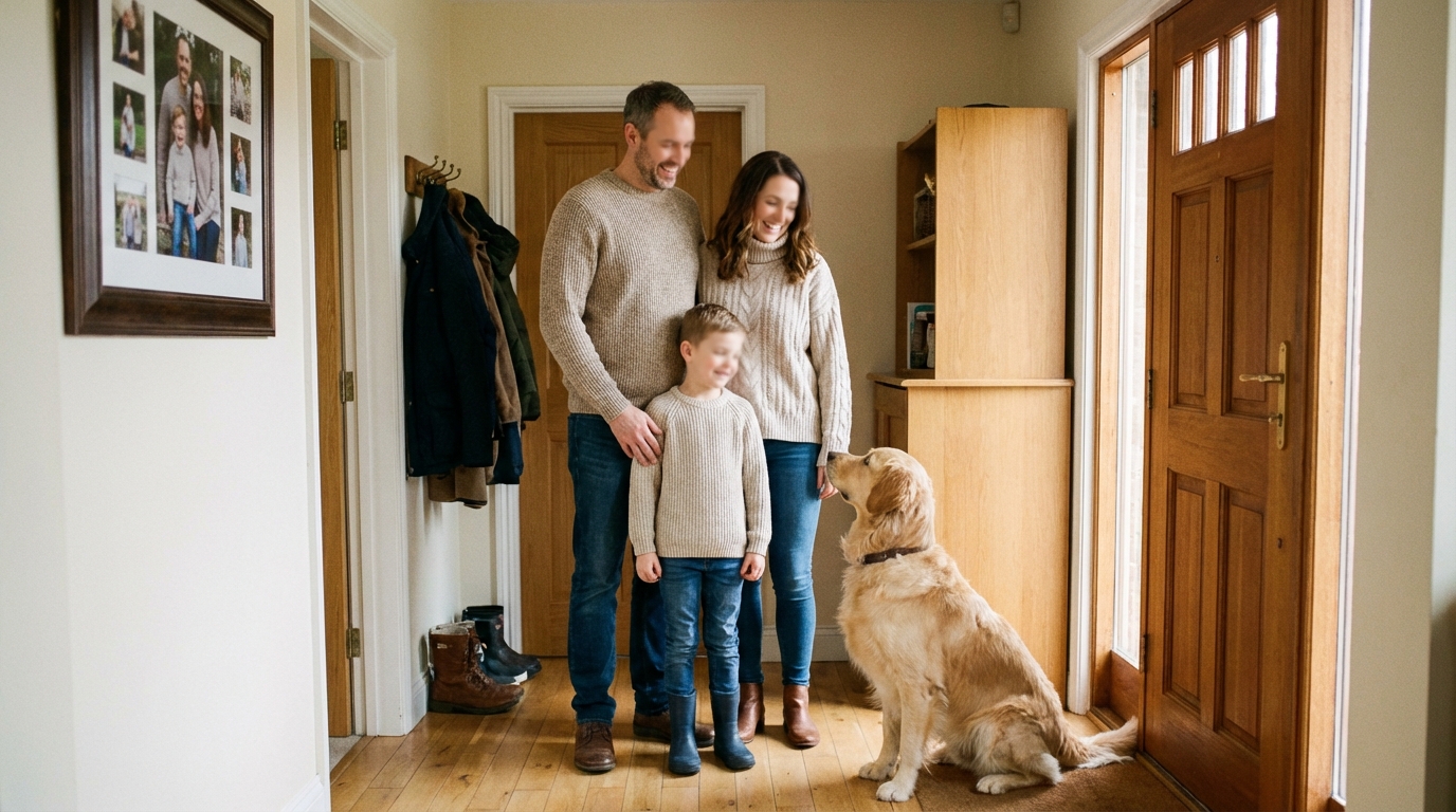 Famille souriante avec un chien près de la porte