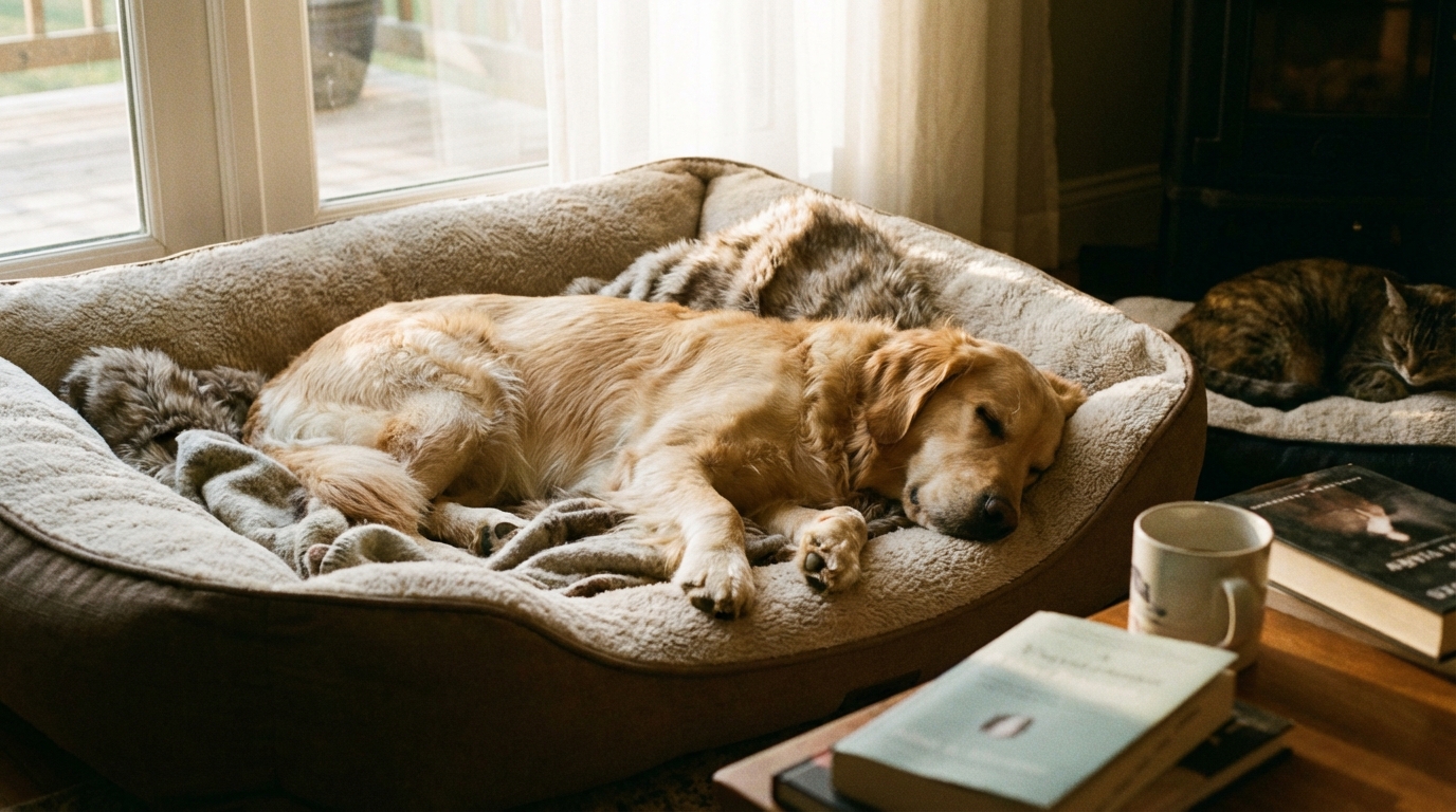 Chien endormi paisiblement dans son panier