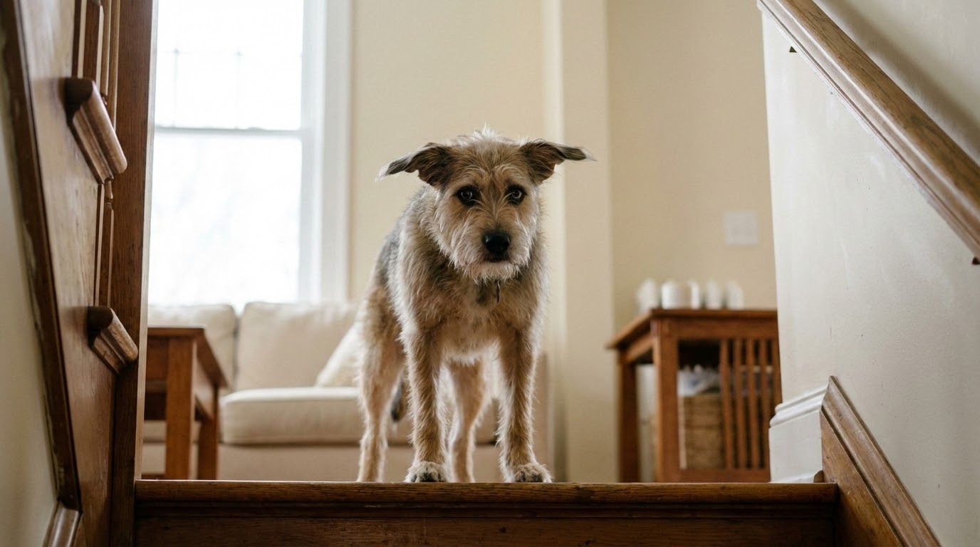 Chien hésitant en haut d'un escalier intérieur, regardant vers le bas avec appréhension