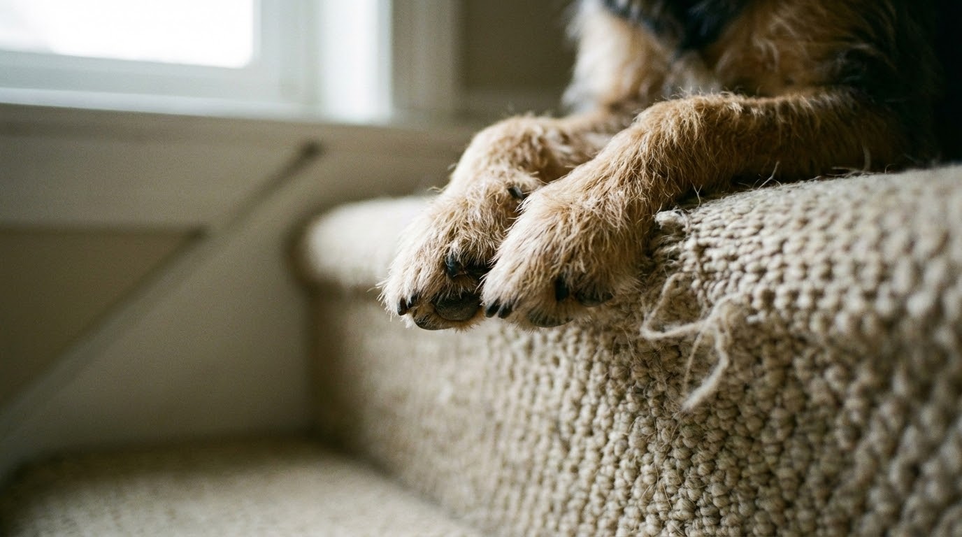 Gros plan sur les pattes avant d'un chien posées au bord d'une marche
