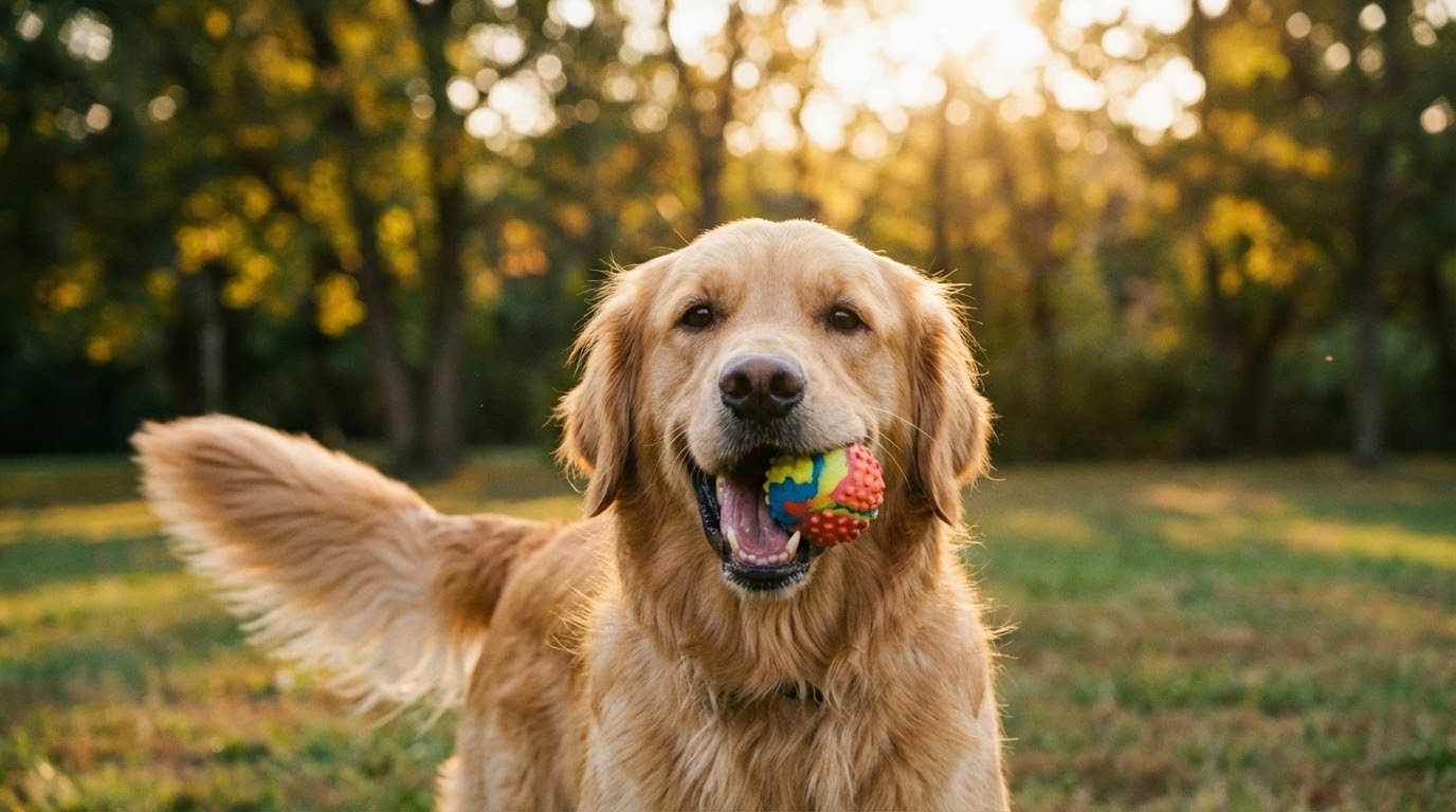 Chien heureux tenant une balle dans un environnement verdoyant, lumière douce