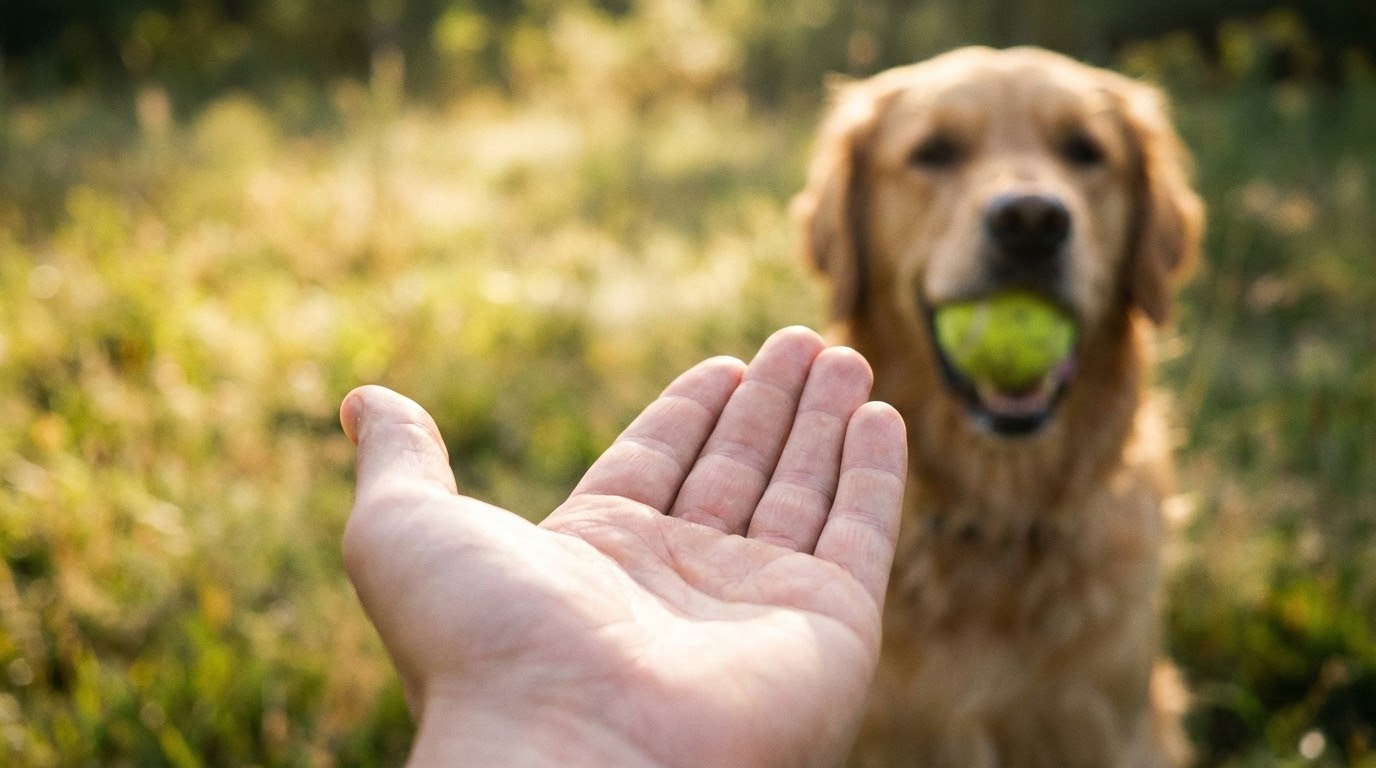 Cadrage sur une main humaine ouverte, paume vers le haut, attendant calmement, flou sur le chien en arrière-plan