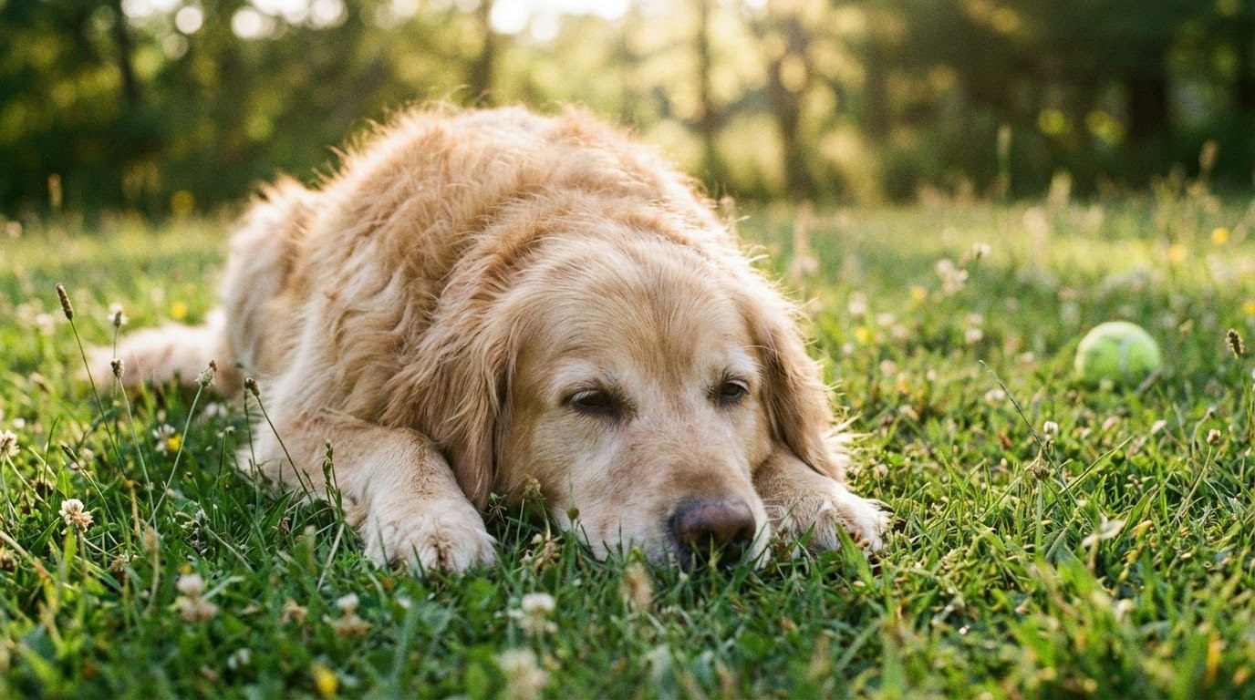 Chien calme, couché dans l'herbe, la balle posée loin de lui