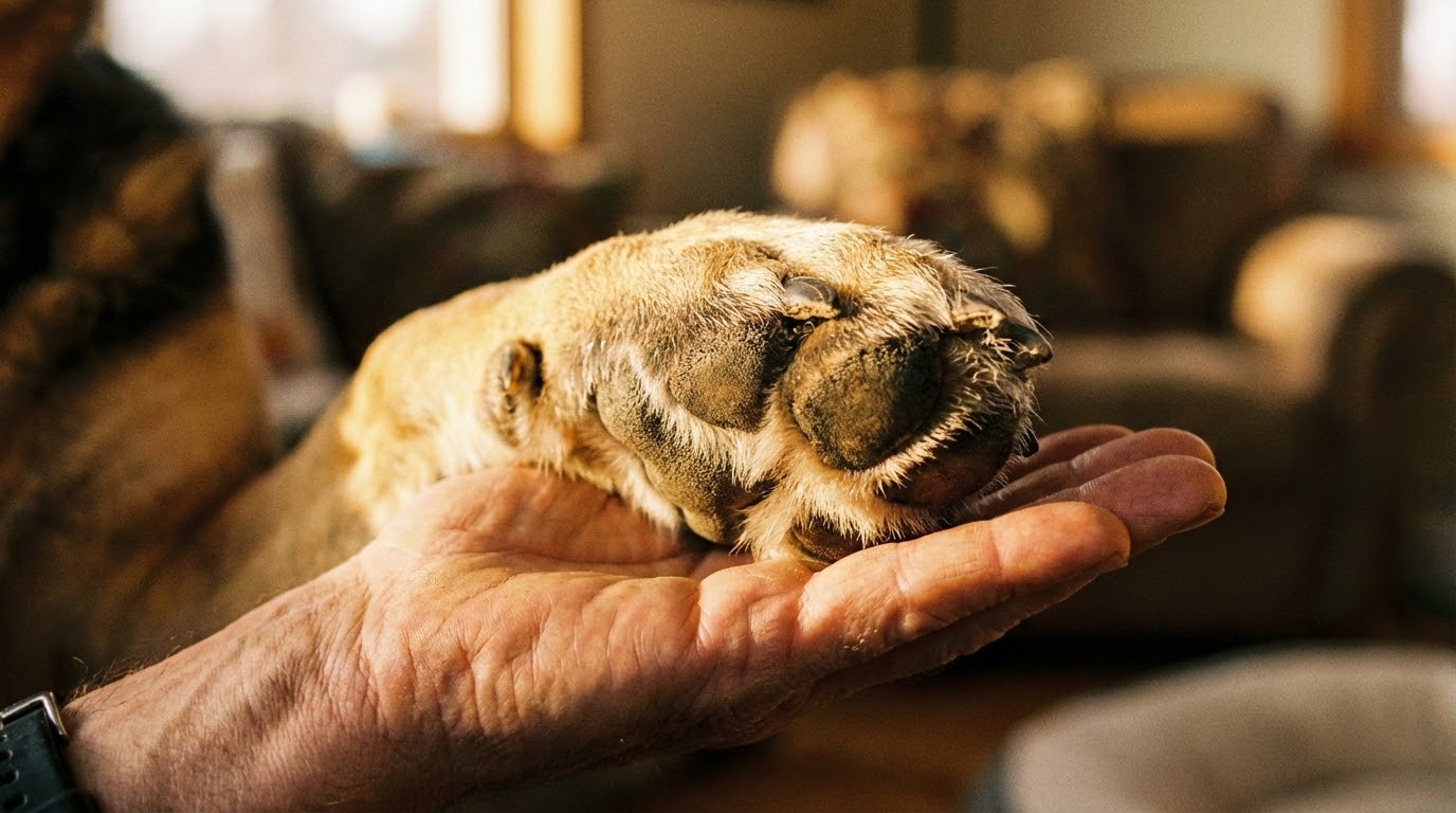 Chien assis donnant la patte à son humain, focus sur le contact des mains, lumière douce et naturelle.