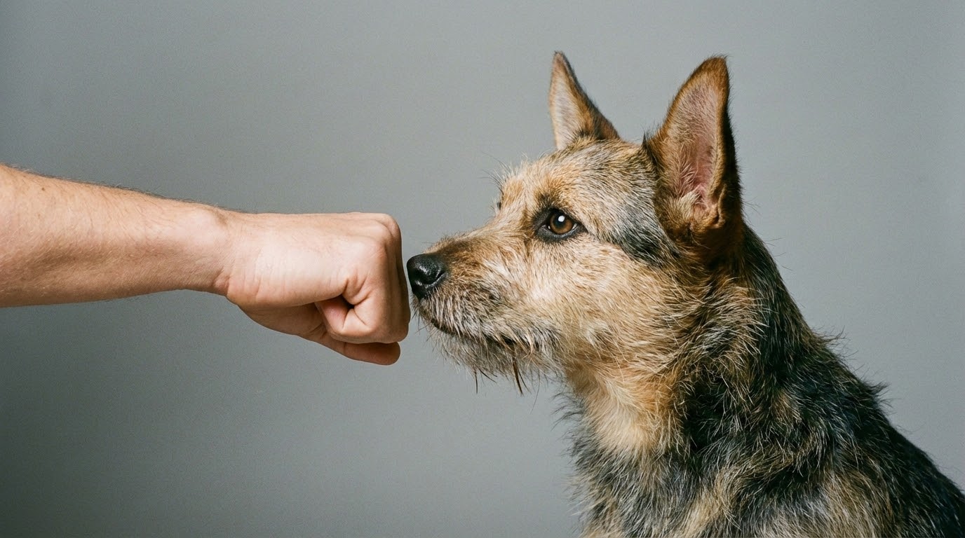 Main humaine poing fermé présentée devant le museau d'un chien curieux.