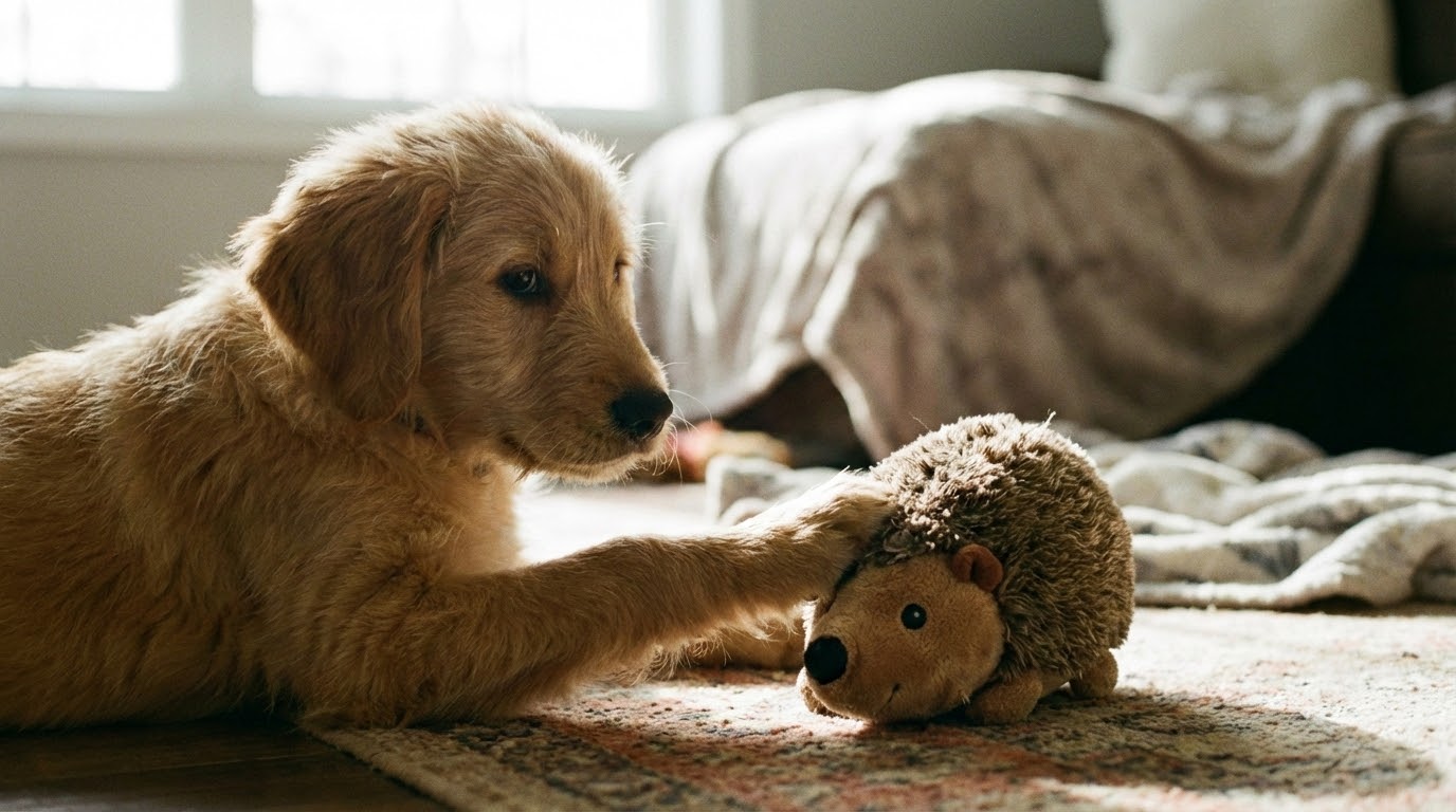 Chiot qui utilise sa patte pour interagir, comportement naturel.