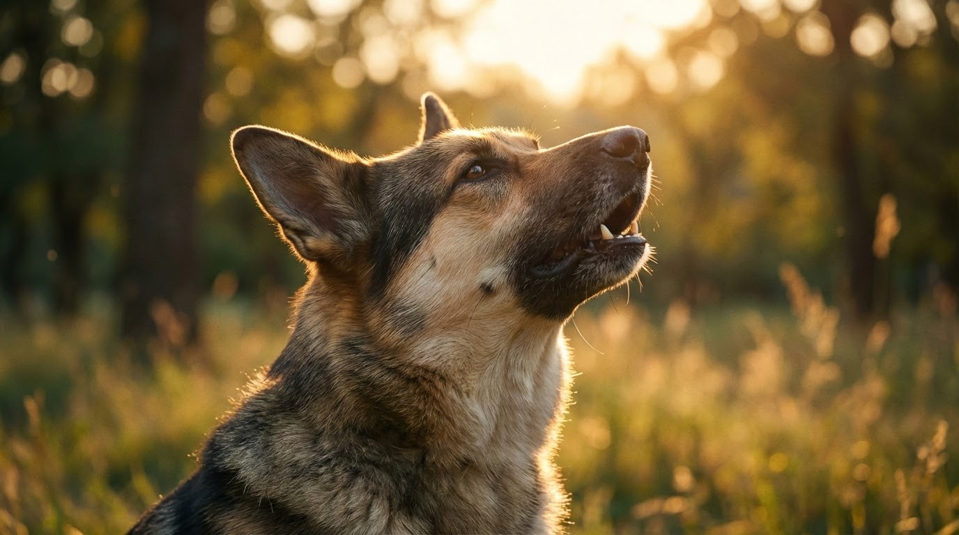 Chien de type berger regardant vers le ciel en extérieur, lumière dorée de fin de journée, focus sur l'expression noble.