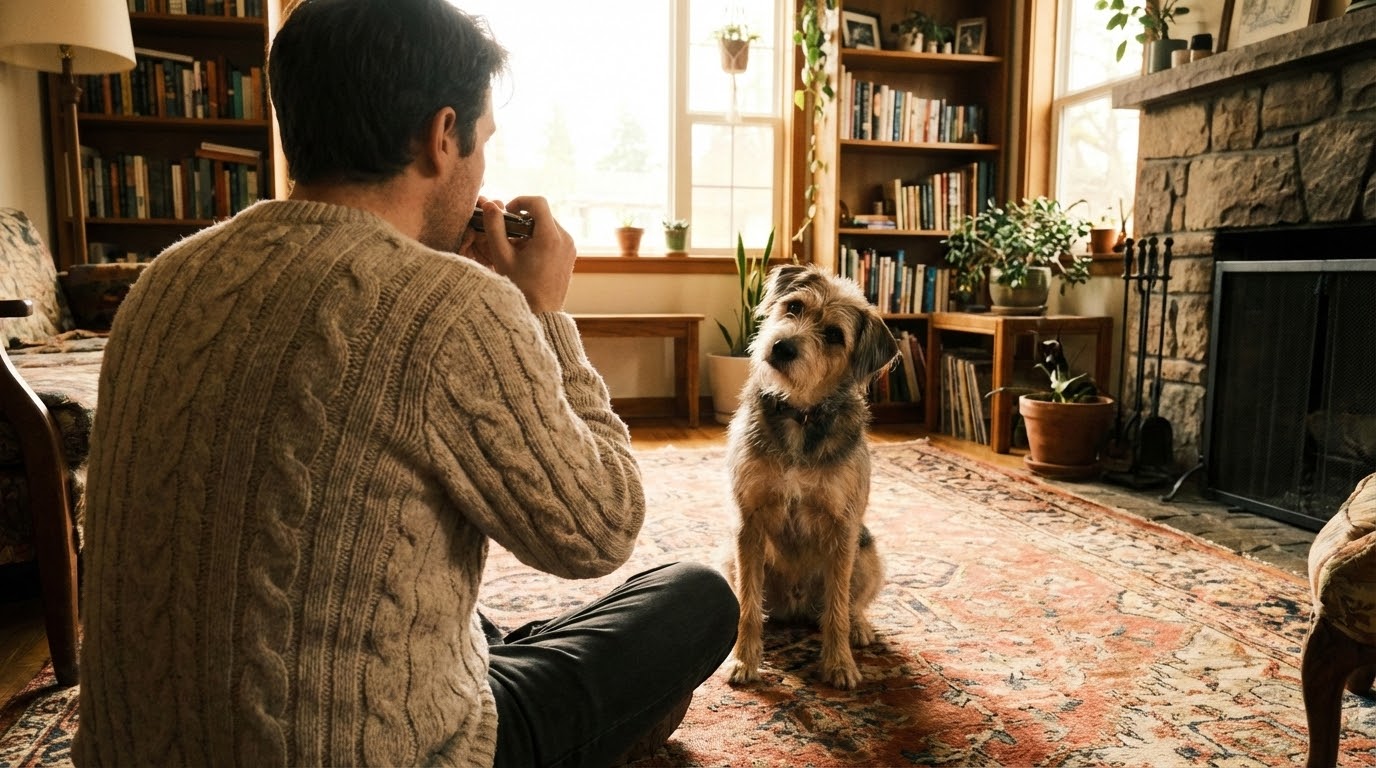 Propriétaire de dos jouant de l'harmonica doucement près de son chien attentif dans un salon confortable.