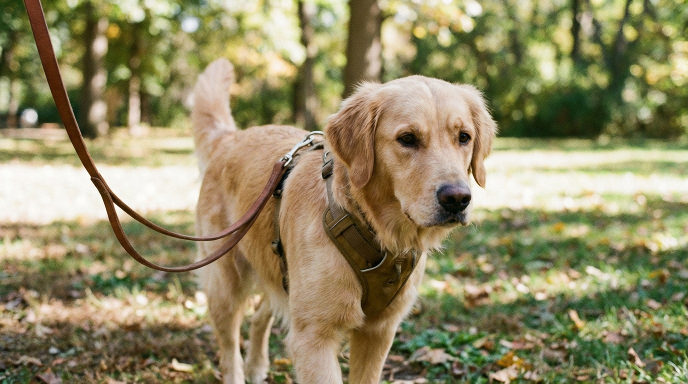 Chien marchant calmement en laisse détendue dans un parc, sans tension sur le harnais.