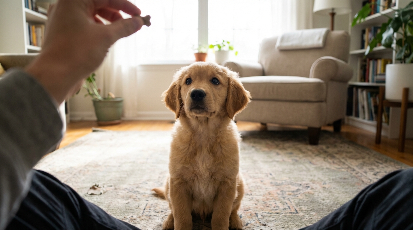 Chiens jouant en intérieur, ambiance calme, focus on l'attention portée à l'humain.