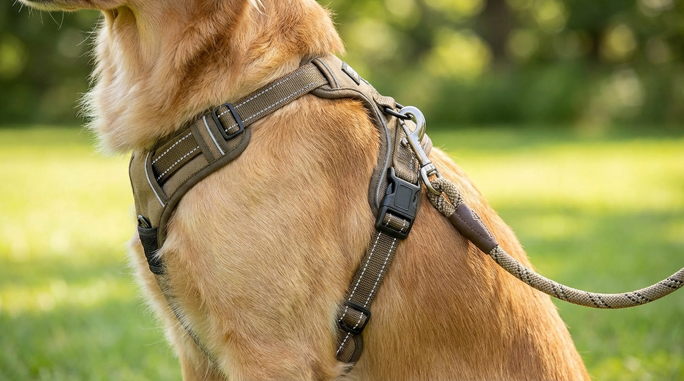 Détail d'un harnais en Y confortable sur un chien.