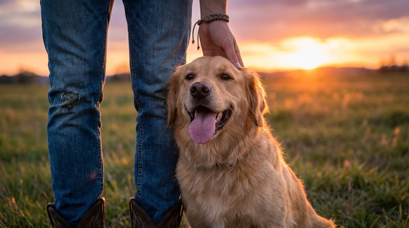 Portrait d'un chien heureux et de son propriétaire (sans visage) en fin de balade.