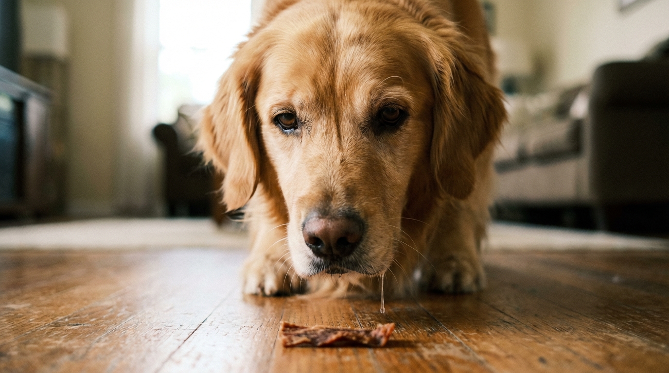 Un chien assis patiemment devant une friandise posée au sol, attendant l'ordre.