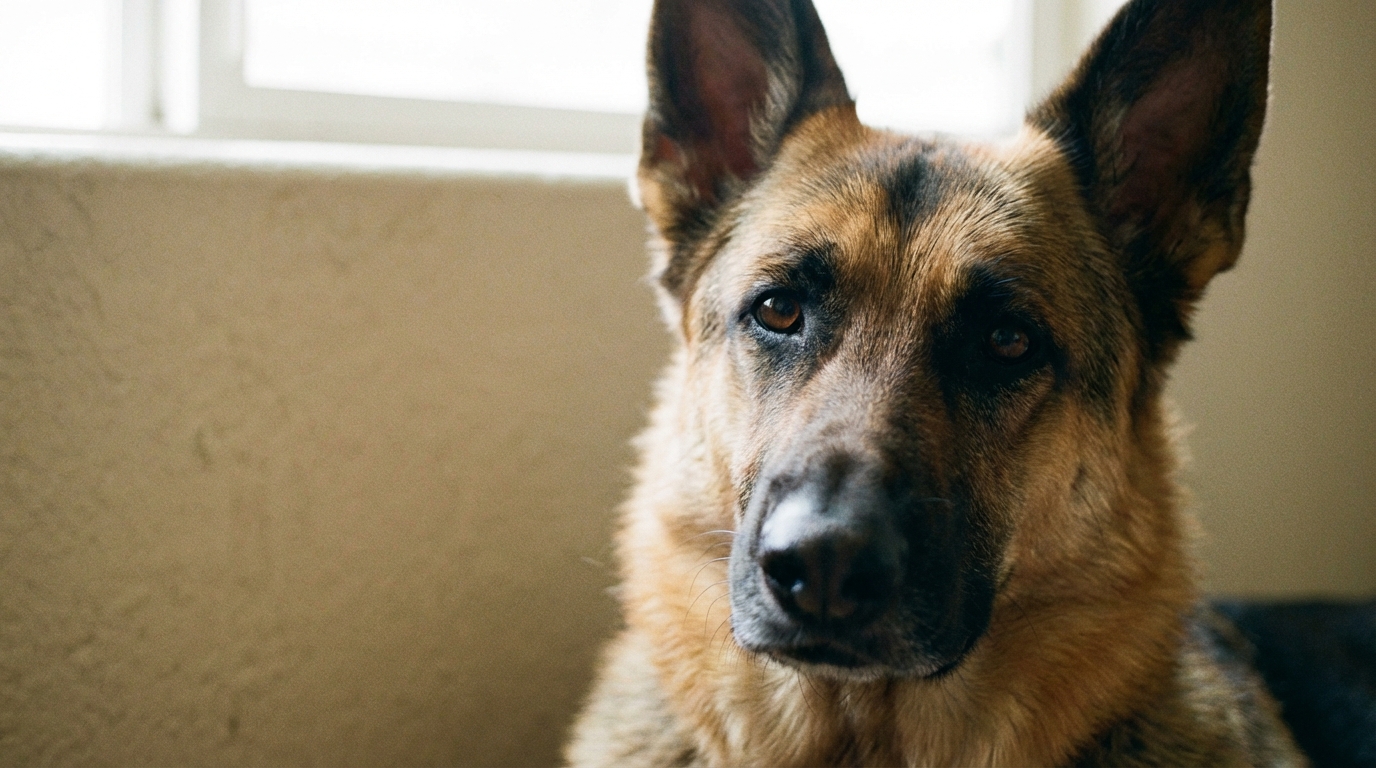 Portrait d'un chien berger allemand attentif et calme regardant son maître, fond neutre et apaisant.